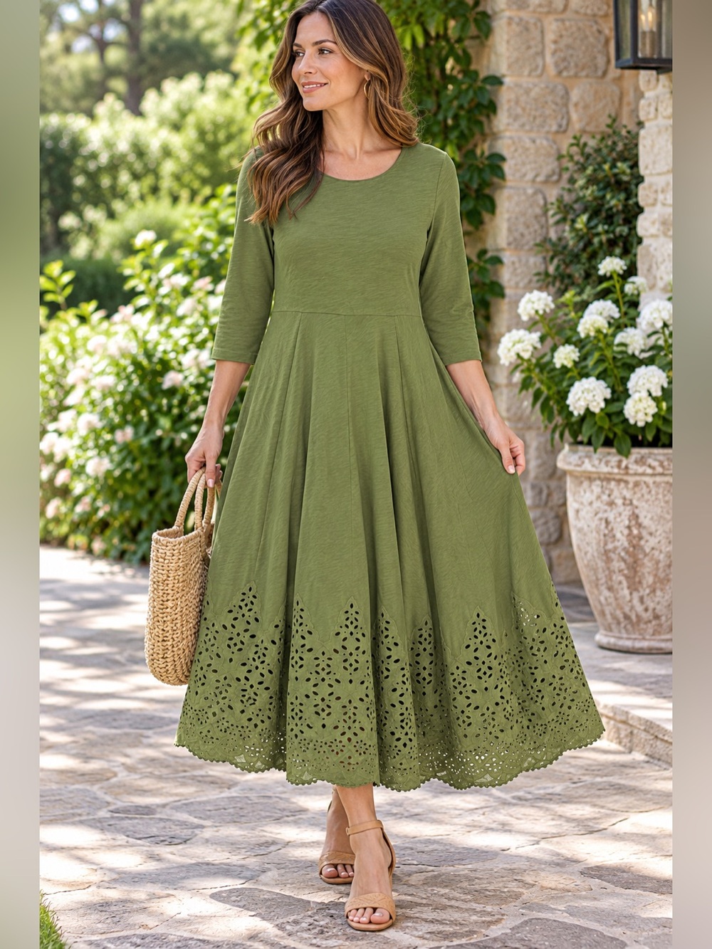 Soft Surroundings Olive Green 100% Cotton Eyelet Embroidered Maxi Dress Boho PM